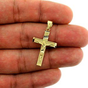 Real 10K Yellow Gold Diamond Cut Jesus Crucifix Cross Pendant